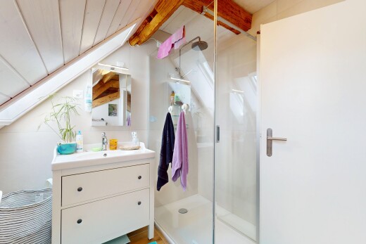 salle de bains avec lavabo (ou coiffeuse selon le contexte), miroir, douche, salle de bain complète, et inside property
