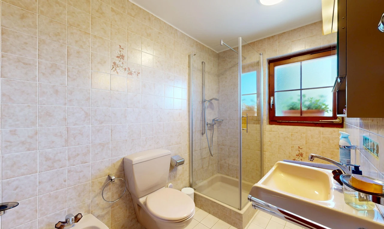 salle de bains avec tile wall, mur en carrelage, douche, salle de bain complète, et bidet