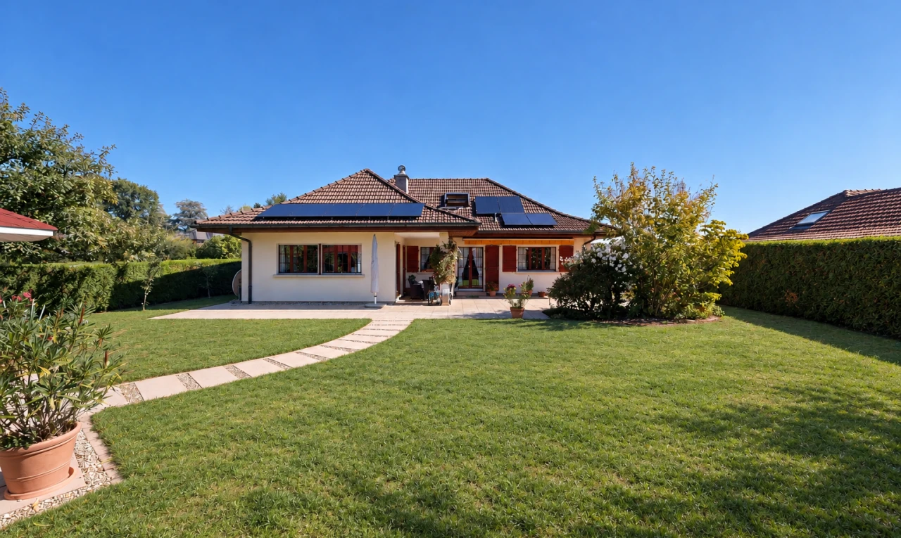 façade avec panneaux solaires, property visible, pelouse, toit en tuiles, et from property