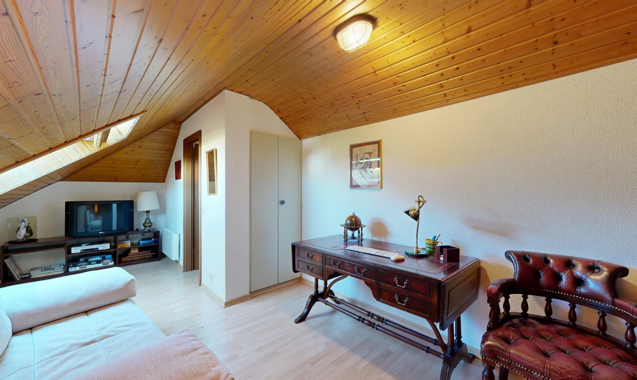 salon avec plafond voûté, vaulted ceiling, plafond en bois, wood ceiling, et télévision