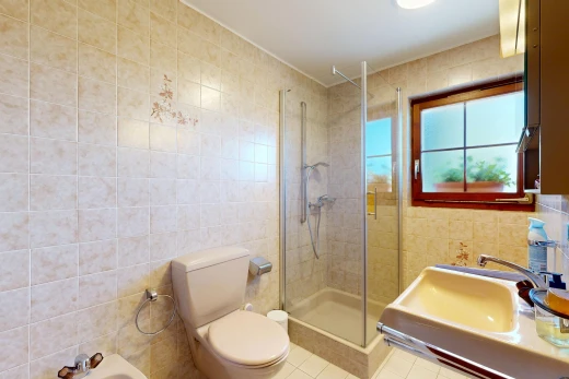 salle de bains avec tile wall, mur en carrelage, douche, salle de bain complète, et bidet