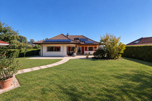 view of home with solar panels, a yard, a tiled roof, and a chimney