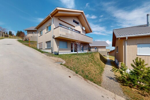 außenansicht mit vertikale verkleidung und balkon