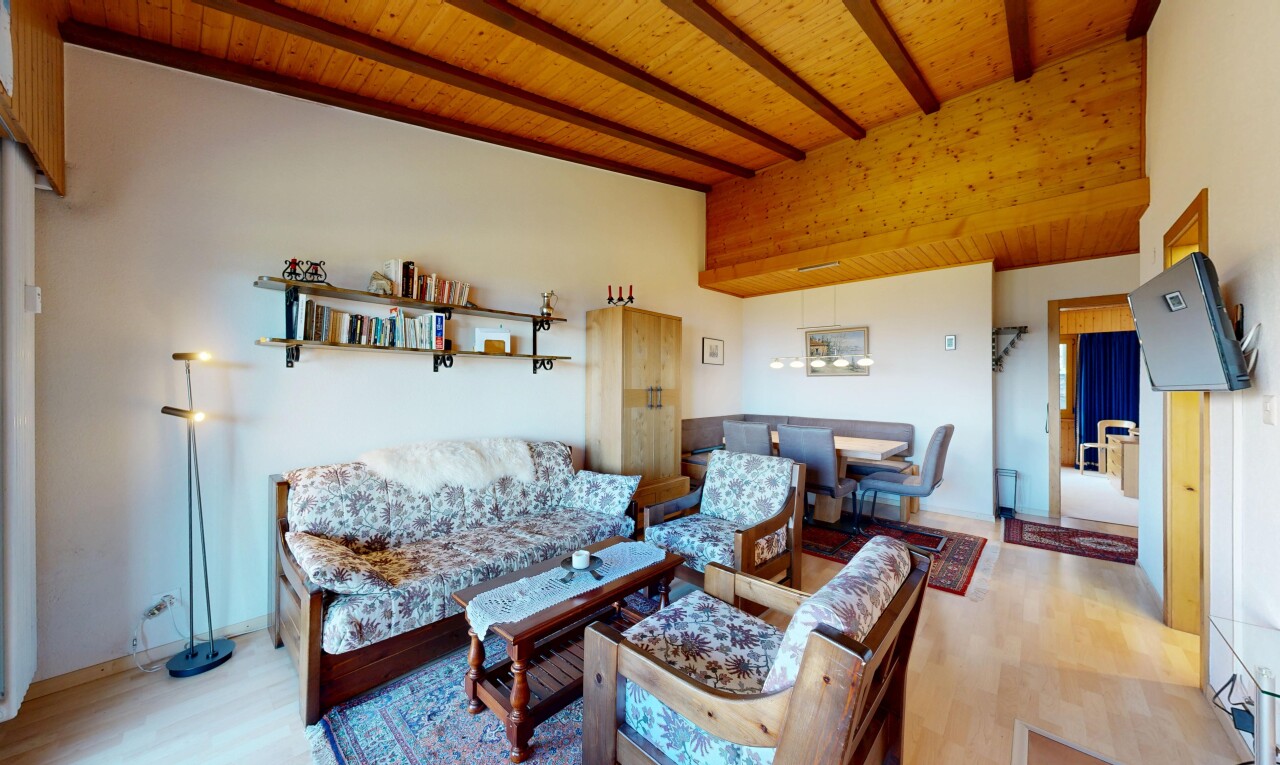 salon / salle à manger avec plafond en bois, wood ceiling, plafond à poutres, beamed ceiling, et cloison sèche