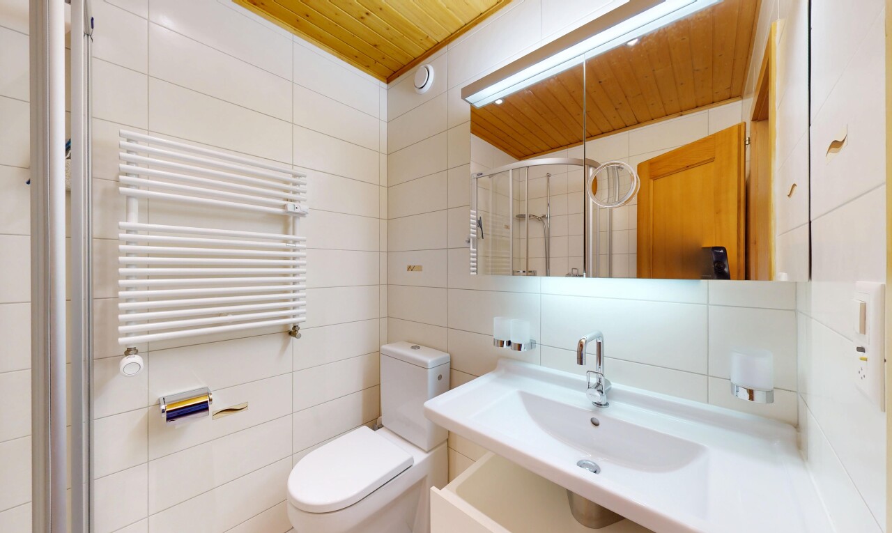 salle de bains avec radiateur, tile wall, mur en carrelage, douche, et salle de bain complète