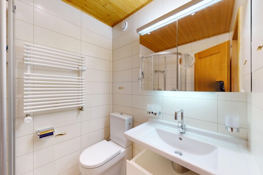 salle de bains avec radiateur, tile wall, mur en carrelage, douche, et salle de bain complète