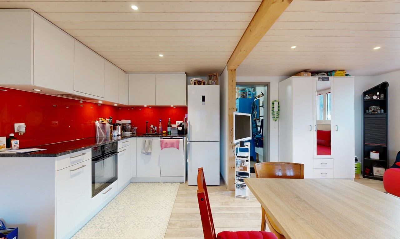 kitchen with white cabinetry, white appliances, recessed lighting, light wood finished floors, and beamed ceiling