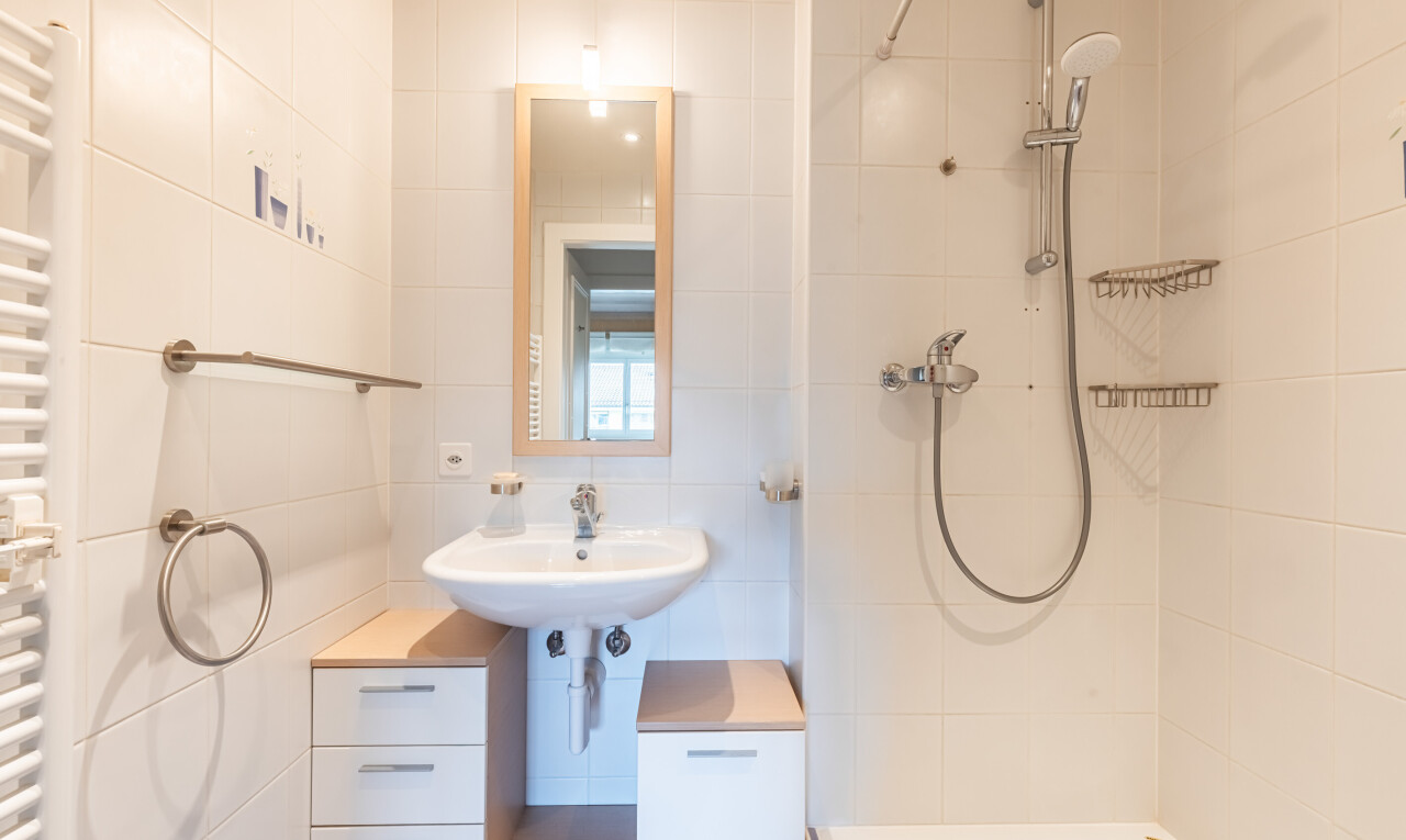 salle de bains avec chauffe-serviettes, miroir, salle de bain complète, inside property, et radiateur