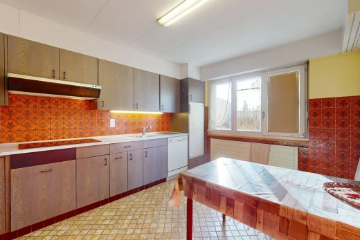cuisine avec lave-vaisselle, hotte, lumière naturelle, plan de travail en carrelage, et cuisinière