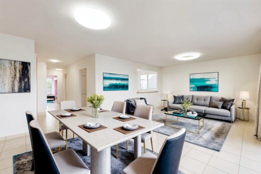 wohn- / esszimmer mit tile floor, fliesenboden, drywall, gipskartonwand, und inside property