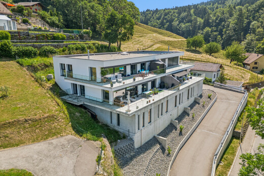 außenansicht mit stuckverkleidung, drone view, zaun, day time, und balkon