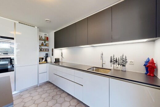 küche mit flat panel cabinets, schränke mit flachen paneelen, light floor, waschbecken, und two tone kitchen