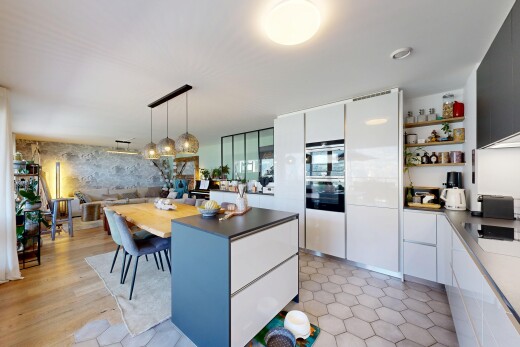küche mit flat panel cabinets, schränke mit flachen paneelen, light floor, white cabinets, und weiße schränke