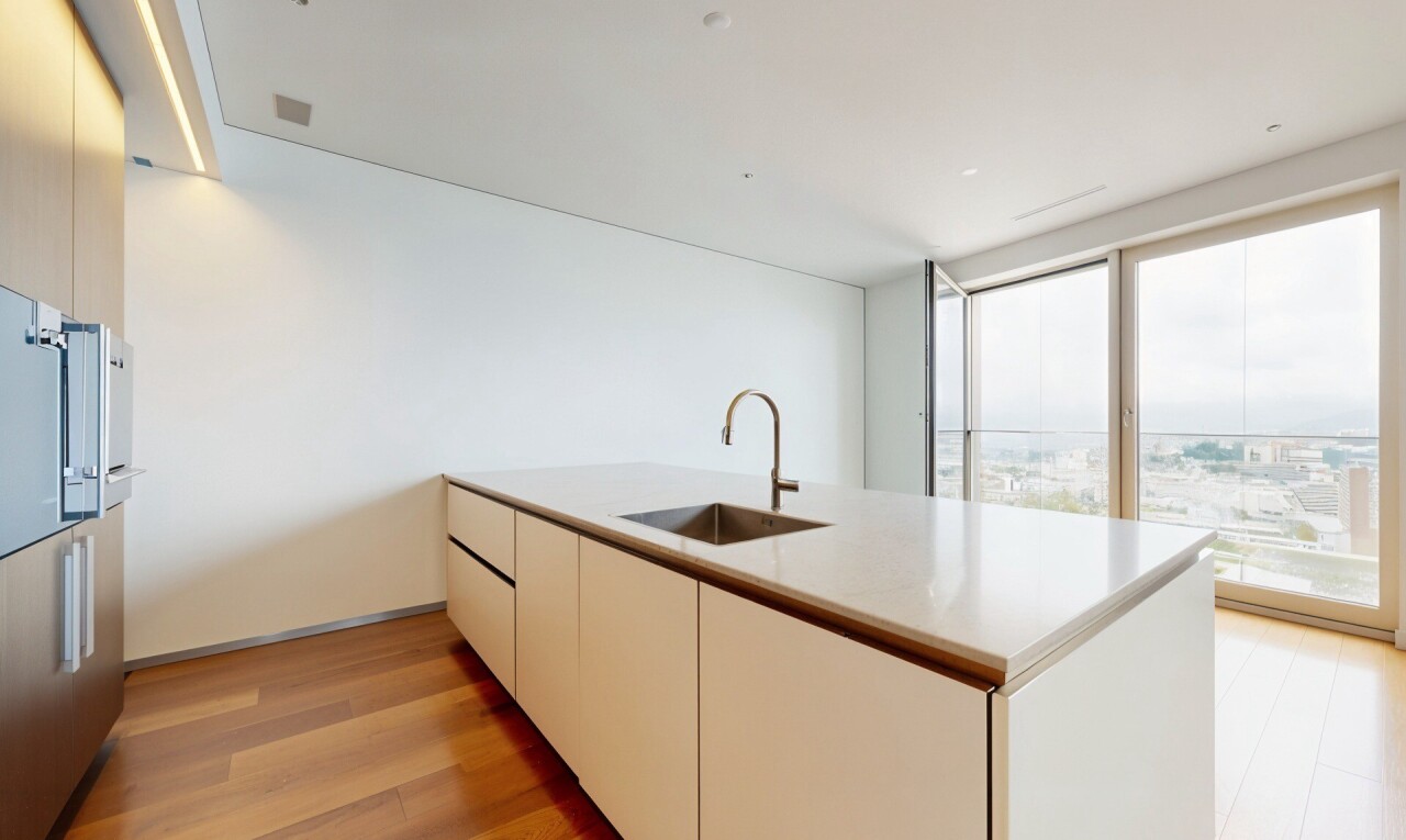 küche mit küchentheke, drywall, gipskartonwand, wood finish floor, und holzfußboden