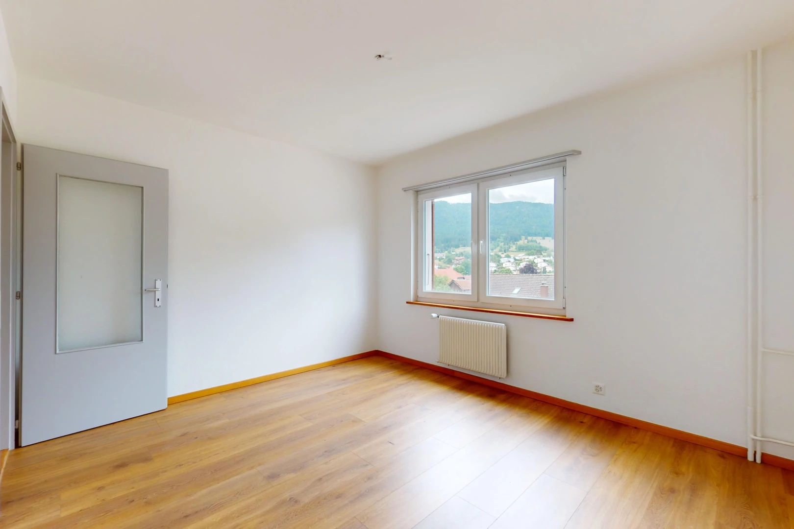 pièce vide avec plancher de bois, lumière naturelle, et radiateur