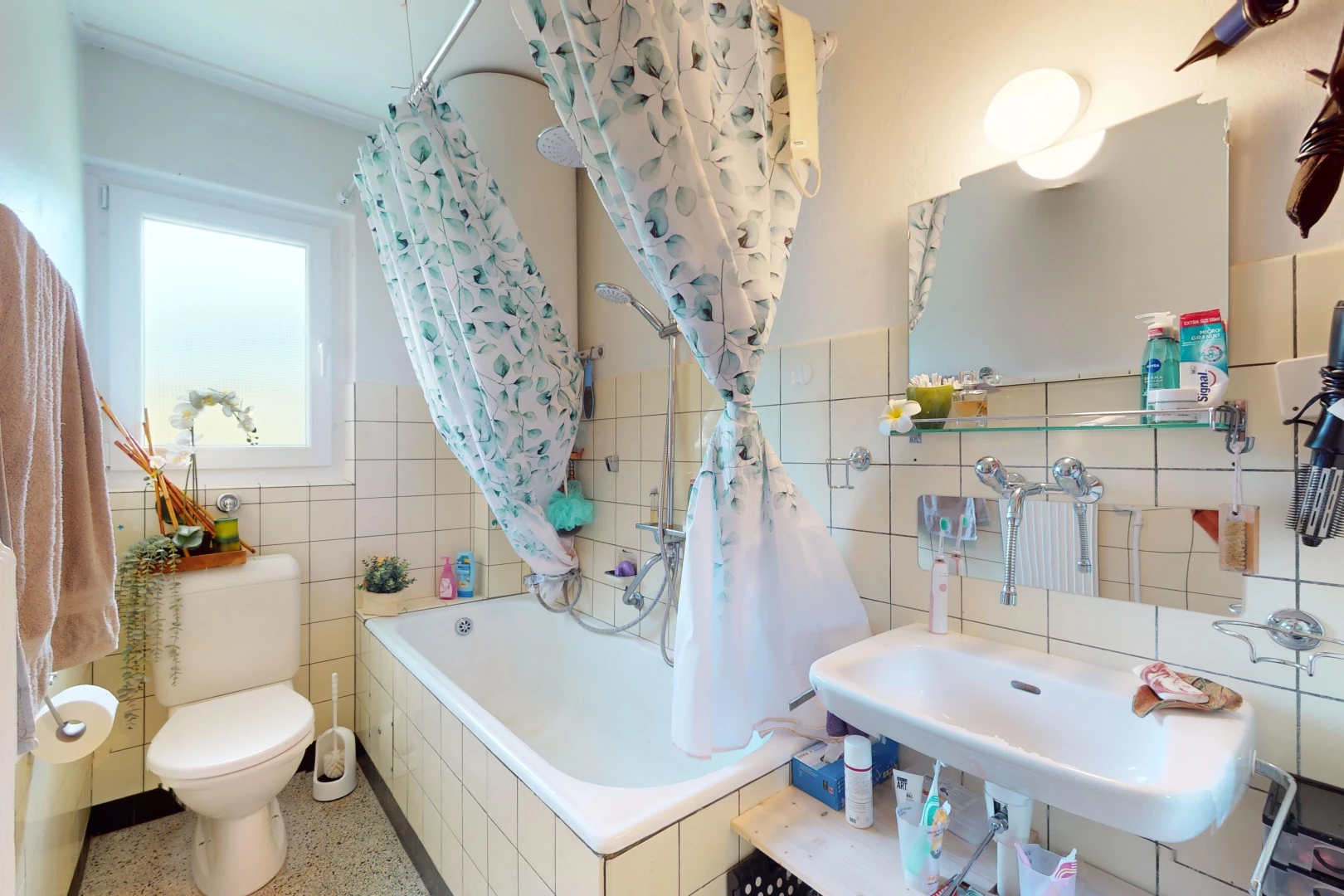 salle de bains avec mur carrelé et lumière naturelle
