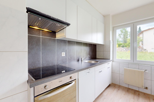 cuisine avec lumière naturelle, plancher de bois, radiateur, hotte, et four