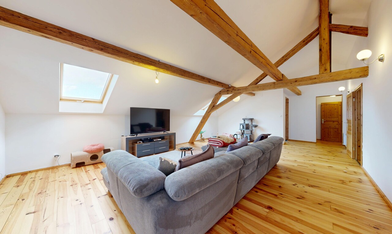 salon avec vaulted ceiling, plafond voûté, puits de lumière, beamed ceiling, et plafond à poutres