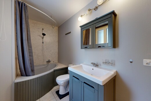 salle de bains avec miroir, lavabo (ou coiffeuse selon le contexte), salle de bain complète, douche-bain combinés, et toilette