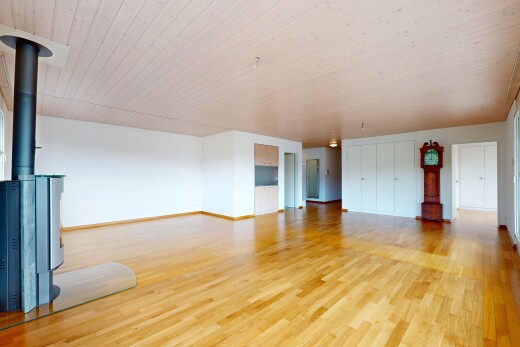 leerer raum mit inside property, holzofen, wood finish floor, holzfußboden, und drywall