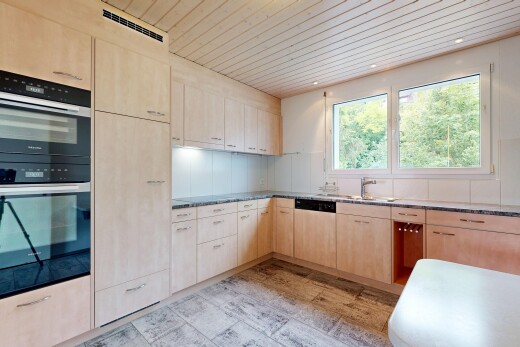 küche mit light brown cabinets, hellbraune schränke, wood ceiling, holzdecke, und doppel backofen