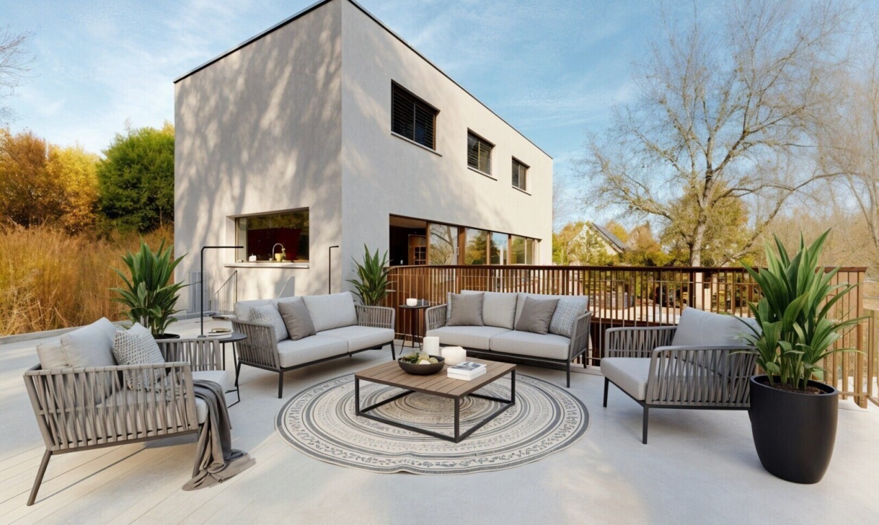 terrasse avec espace de vie extérieur, terrasse, day time, et property visible