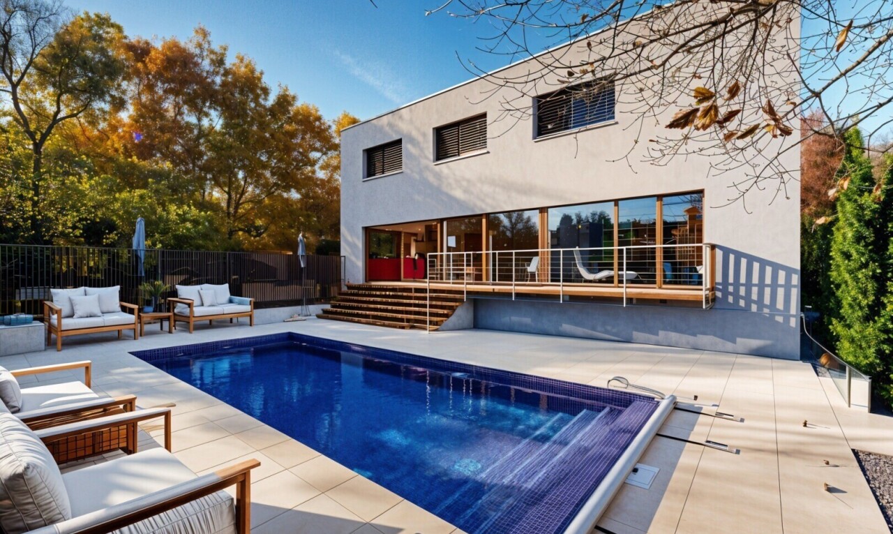 piscine avec terrasse, day time, piscine, property visible, et clôture