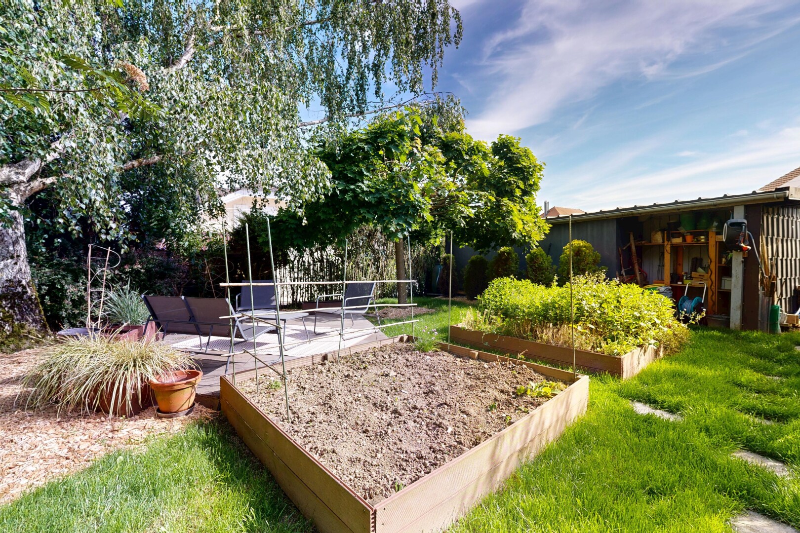 garden with a vegetable garden, a patio, and a lawn