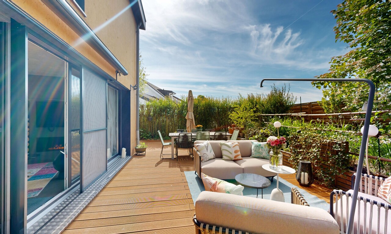 view of wooden deck featuring an outdoor living / dining area