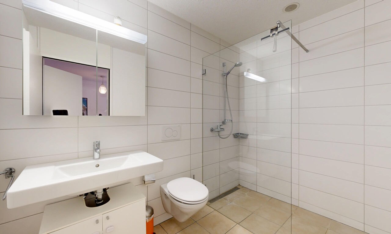 salle de bains avec douche, miroir, mur en carrelage, tile wall, et salle de bain complète