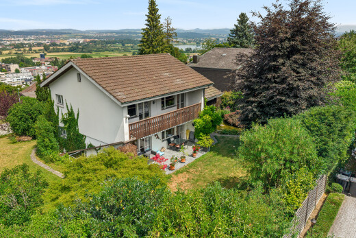 außenansicht mit drone view, property visible, terrasse, ziegeldach, und day time