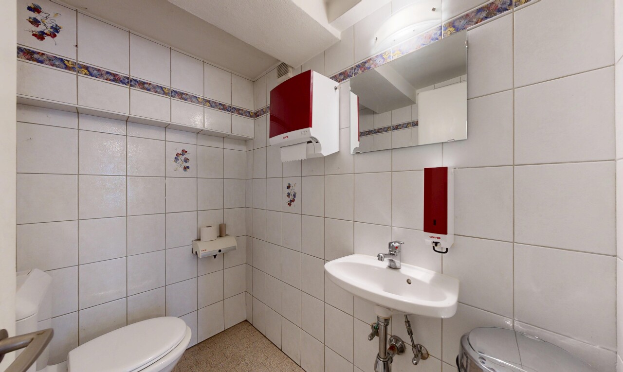 salle de bains avec toilette, inside property, miroir, et tile wall