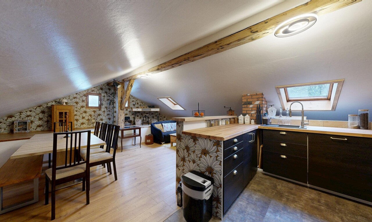 kitchen featuring a skylight, a peninsula, dark brown cabinetry, and dark wood-style floors