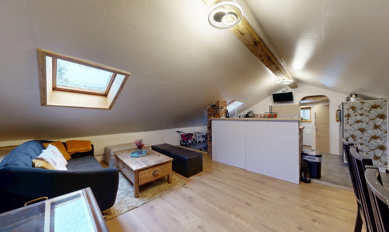 living area with light wood-style flooring and a skylight