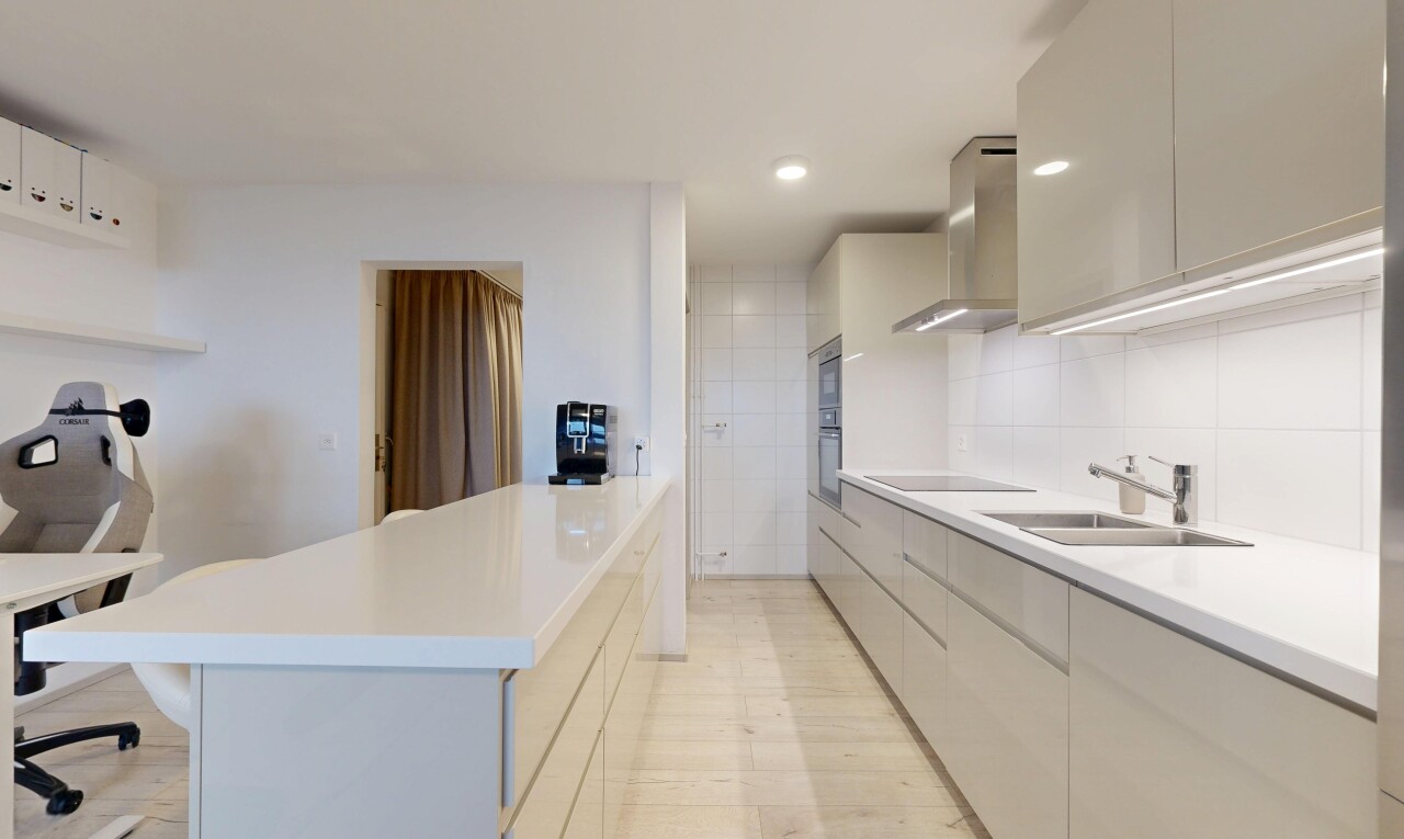 cuisine avec flat panel cabinets, armoires à panneau plat, light countertops, plans de travail, et hotte