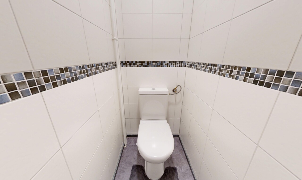 salle de bains avec toilette, inside property, tile wall, mur en carrelage, et cabinet de toilette