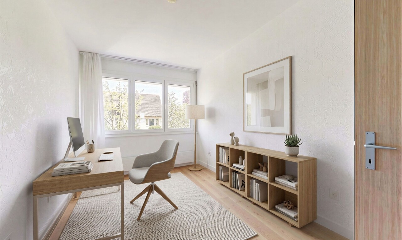 büro mit bürobereich, inside property, holzfußboden, wood finish floor, und natürliches licht