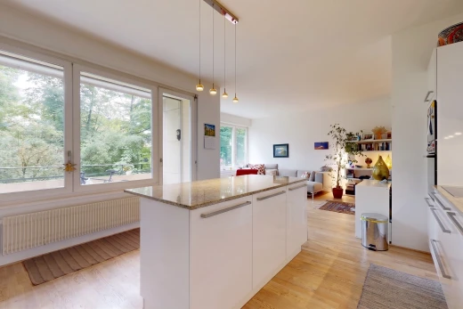 cuisine avec armoires blanches, white cabinets, radiateur, light countertops, et light floor