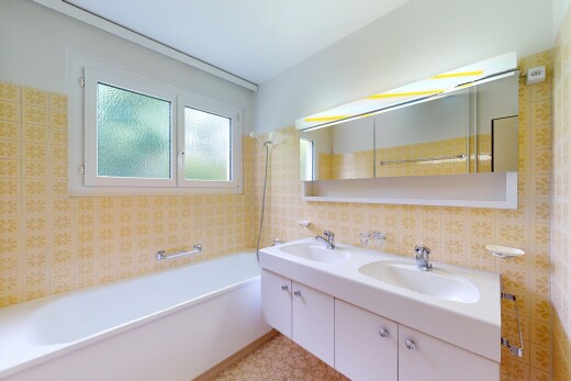 bad mit komplettes badezimmer, doppelwaschbecken, spiegel, schminktisch, und natural light