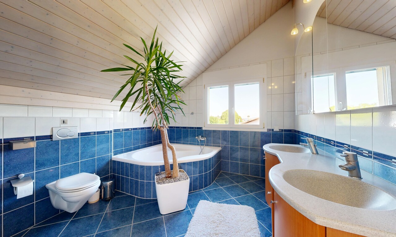 salle de bains avec mur en carrelage, tile wall, salle de bain complète, plafond voûté, et vaulted ceiling