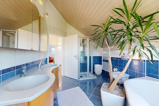 salle de bains avec salle de bain complète, évier, douche, tile wall, et mur en carrelage