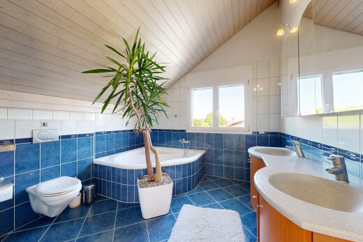 salle de bains avec mur en carrelage, tile wall, salle de bain complète, plafond voûté, et vaulted ceiling