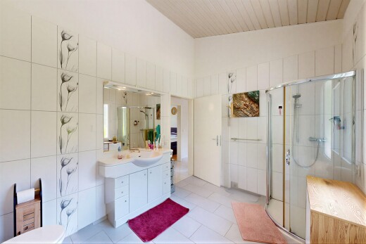 salle de bains avec mur en carrelage, tile wall, lavabo (ou coiffeuse selon le contexte), douche, et salle de bain complète