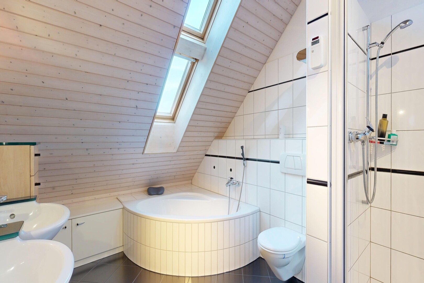 salle de bains avec puits de lumière, douche, salle de bain complète, bain, et inside property