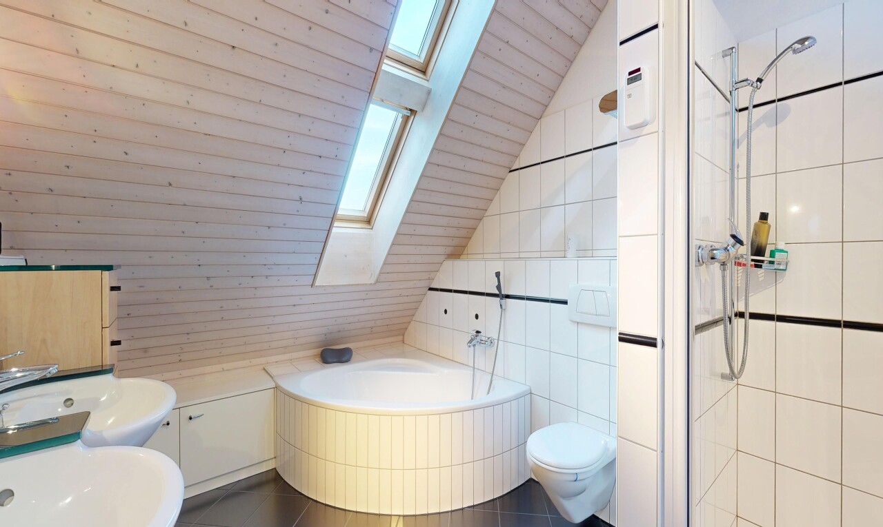 salle de bains avec puits de lumière, douche, salle de bain complète, bain, et inside property