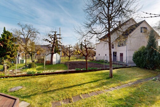 garten mit zaun, rasen, schuppen, außenansicht, und day time