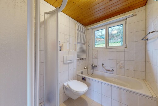 salle de bains avec chauffe-serviettes, salle de bain complète, plafond en bois, wood ceiling, et radiateur
