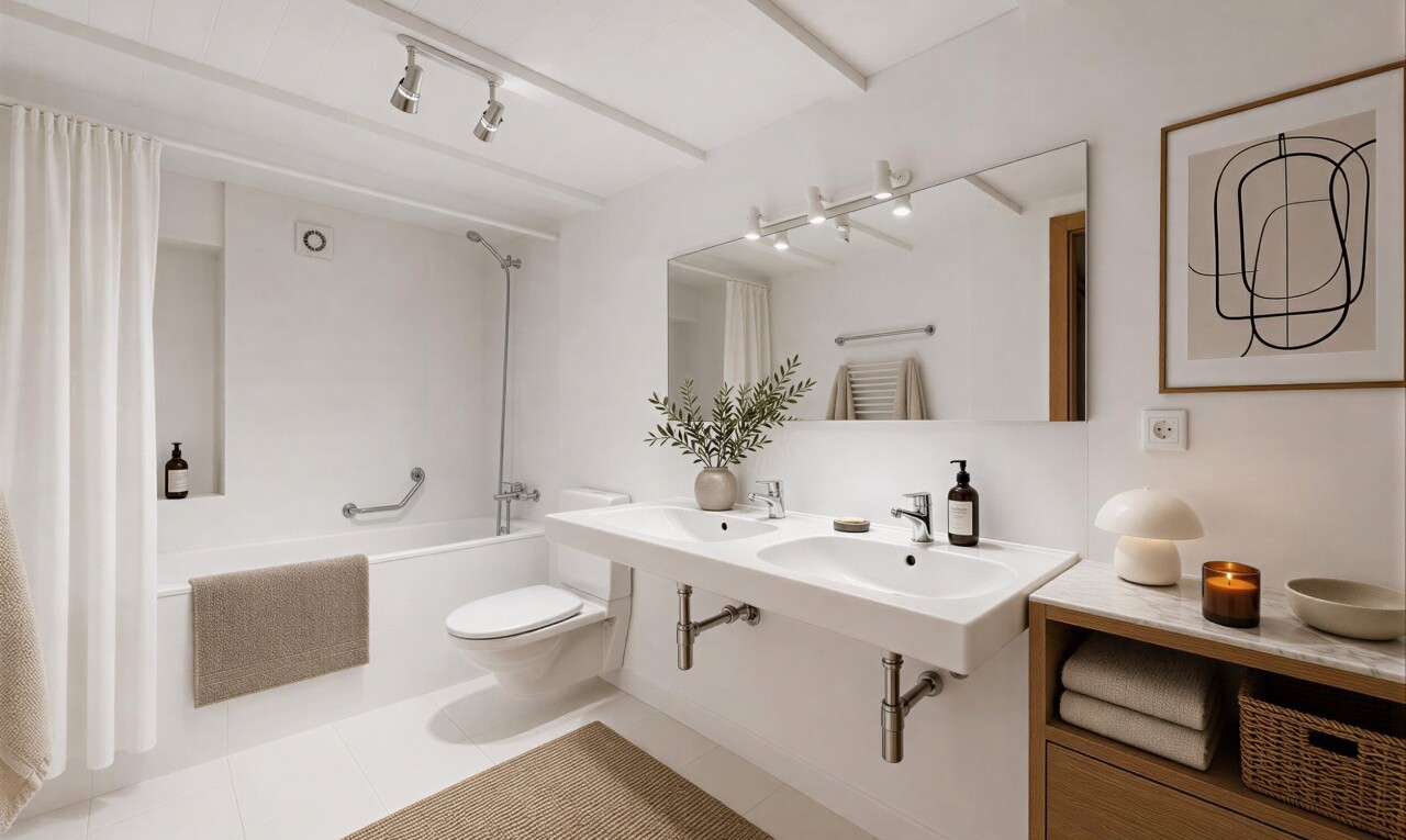 bad mit kombiniertes bad / dusche, komplettes badezimmer, fliesenwand, tile wall, und inside property
