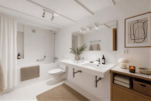 bad mit kombiniertes bad / dusche, komplettes badezimmer, fliesenwand, tile wall, und inside property