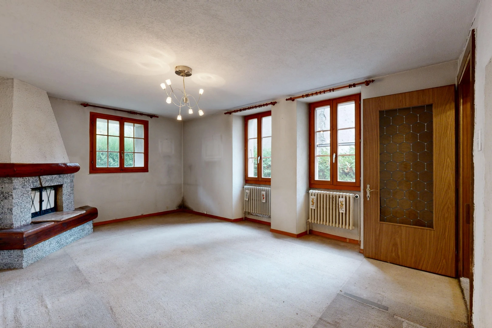salon avec radiateur, lumière naturelle, inside property, carpet, et moquette